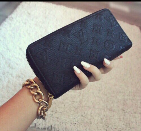 Black embossed designer zippy wallet